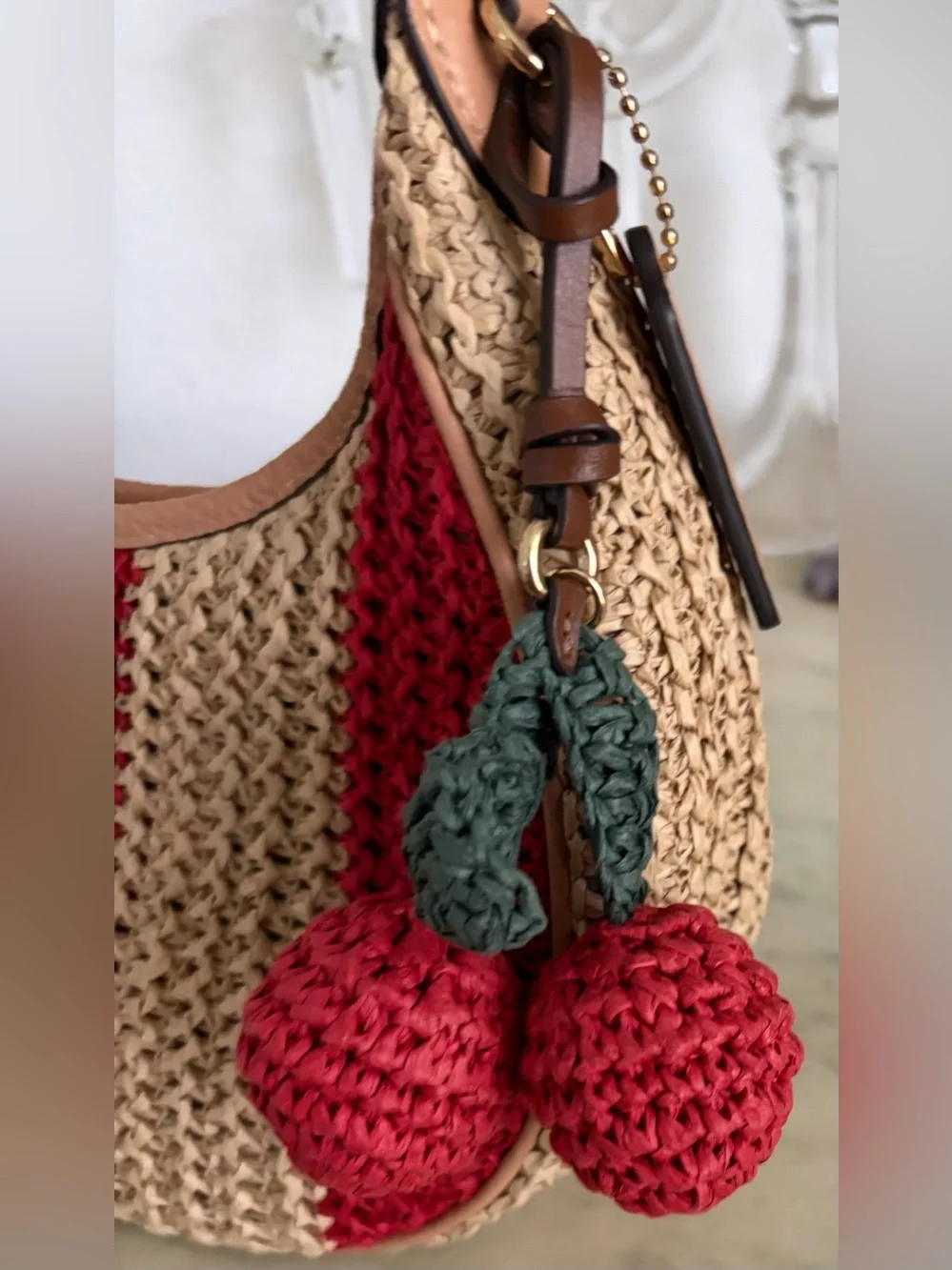 NWT Coach Emily Shoulder Bag Straw with Stripes Charm Gold Red Tan Leather CEN03